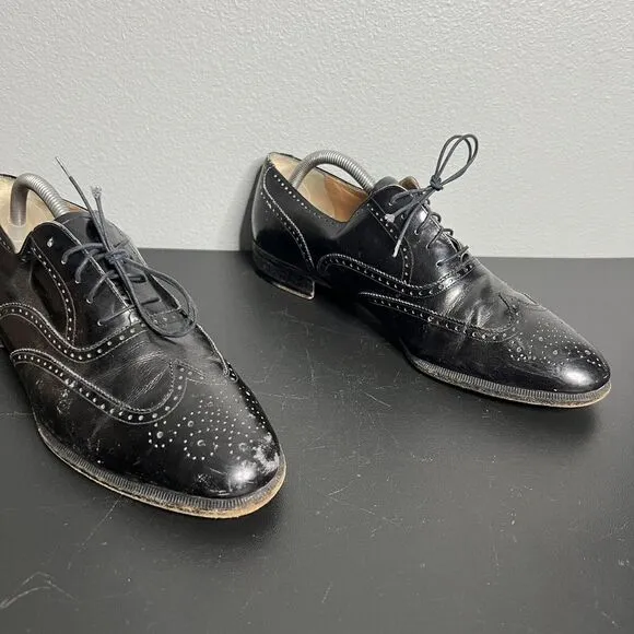 Salvatore Ferragamo Dress Shoes Mens Sz 9.5 Black Wingtip Leather Brogue Oxford