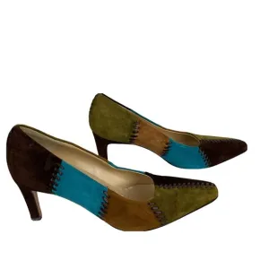 SALVATORE FERRAGAMO Suede Multicolored Patchwork Stiletto Pumps Shoes