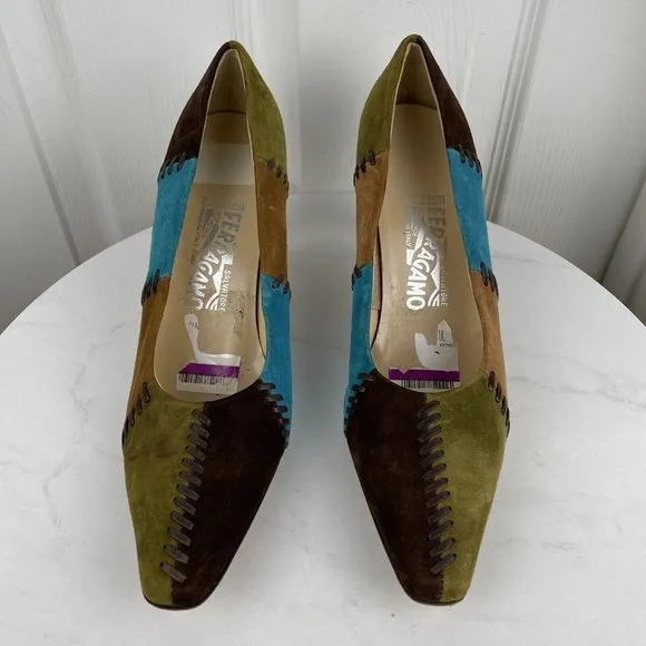 SALVATORE FERRAGAMO Suede Multicolored Patchwork Stiletto Pumps Shoes