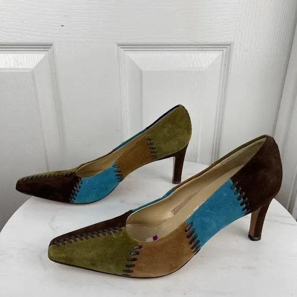 SALVATORE FERRAGAMO Suede Multicolored Patchwork Stiletto Pumps Shoes