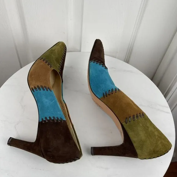 SALVATORE FERRAGAMO Suede Multicolored Patchwork Stiletto Pumps Shoes