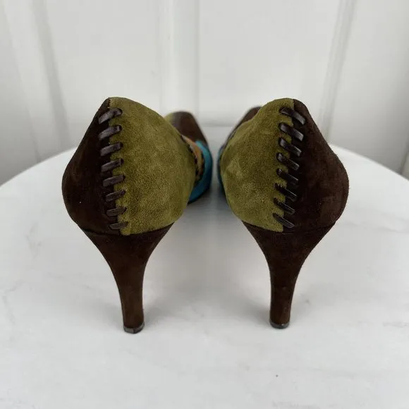 SALVATORE FERRAGAMO Suede Multicolored Patchwork Stiletto Pumps Shoes