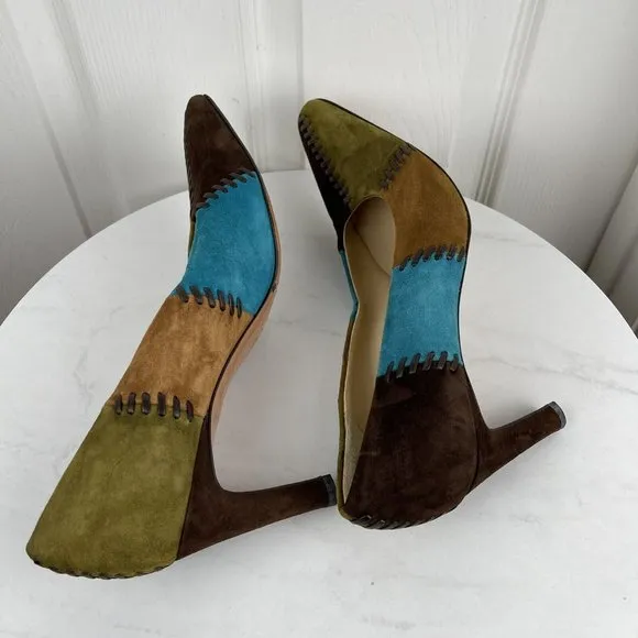 SALVATORE FERRAGAMO Suede Multicolored Patchwork Stiletto Pumps Shoes