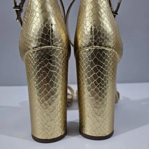 Sam Edelman Yaro Block Heel Sandal Gold Snake Embossed Vegan Leather Size 11