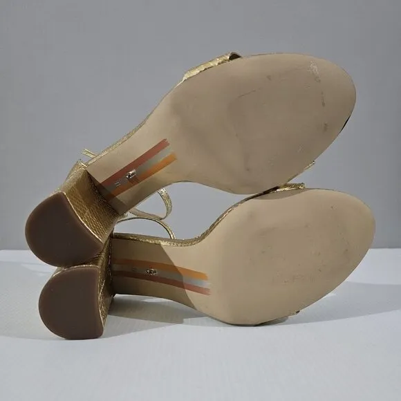 Sam Edelman Yaro Block Heel Sandal Gold Snake Embossed Vegan Leather Size 11