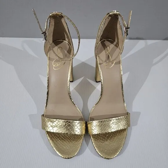 Sam Edelman Yaro Block Heel Sandal Gold Snake Embossed Vegan Leather Size 11