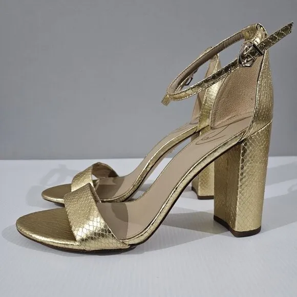 Sam Edelman Yaro Block Heel Sandal Gold Snake Embossed Vegan Leather Size 11