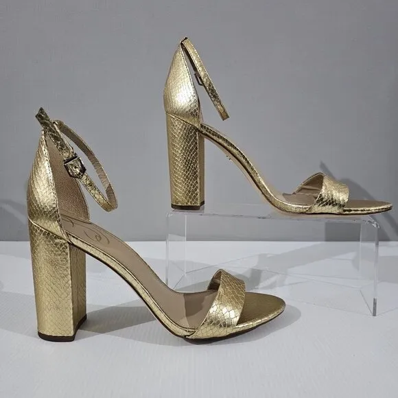 Sam Edelman Yaro Block Heel Sandal Gold Snake Embossed Vegan Leather Size 11