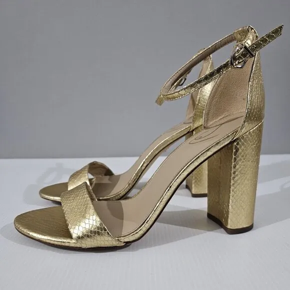 Sam Edelman Yaro Block Heel Sandal Gold Snake Embossed Vegan Leather Size 11