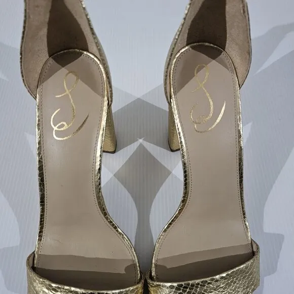 Sam Edelman Yaro Block Heel Sandal Gold Snake Embossed Vegan Leather Size 11