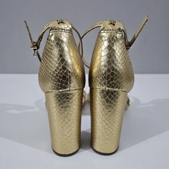 Sam Edelman Yaro Block Heel Sandal Gold Snake Embossed Vegan Leather Size 11