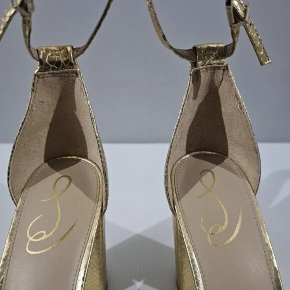 Sam Edelman Yaro Block Heel Sandal Gold Snake Embossed Vegan Leather Size 11