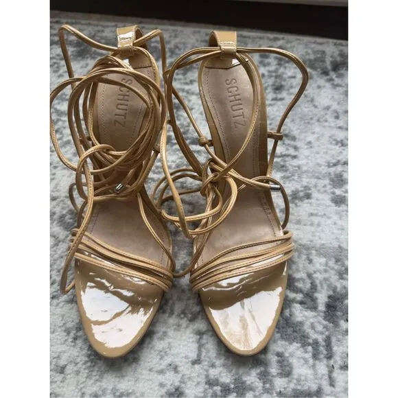 SCHUTZ ADELINE NWOB Beige/Nude Patent Strappy Sexy Heeled Sandal