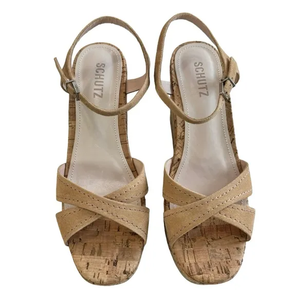 SCHUTZ Bellina Platform Cork Wedge Sandals in Honey Beige Women’s Size 9.5B