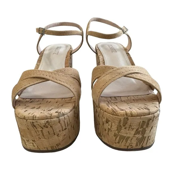 SCHUTZ Bellina Platform Cork Wedge Sandals in Honey Beige Women’s Size 9.5B