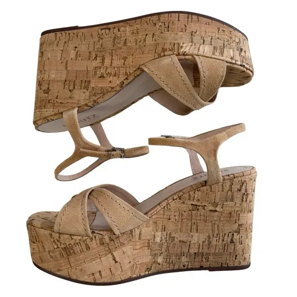 SCHUTZ Bellina Platform Cork Wedge Sandals in Honey Beige Women’s Size 9.5B