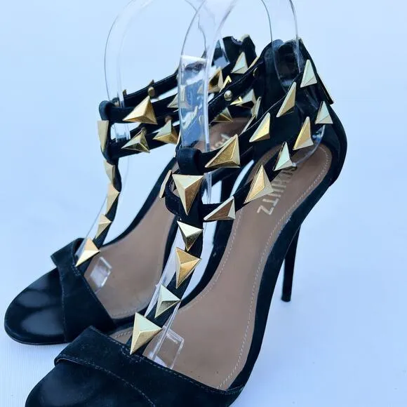 Schutz Black Suede Studded Heels Gold Ankle Strap Pointed Stiletto Pumps 8 39