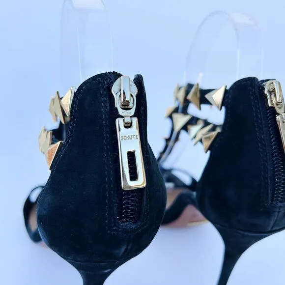Schutz Black Suede Studded Heels Gold Ankle Strap Pointed Stiletto Pumps 8 39