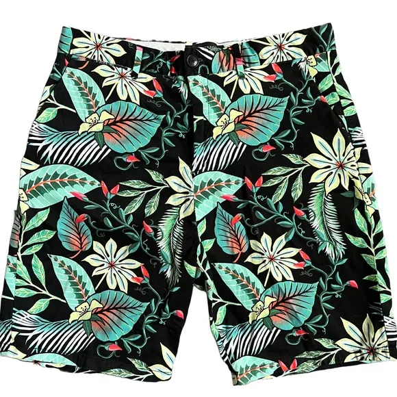 SCOTCH AND SODA BLACK/GREEN TROPICAL PALM PRINT CHINO DRESS SHORTS