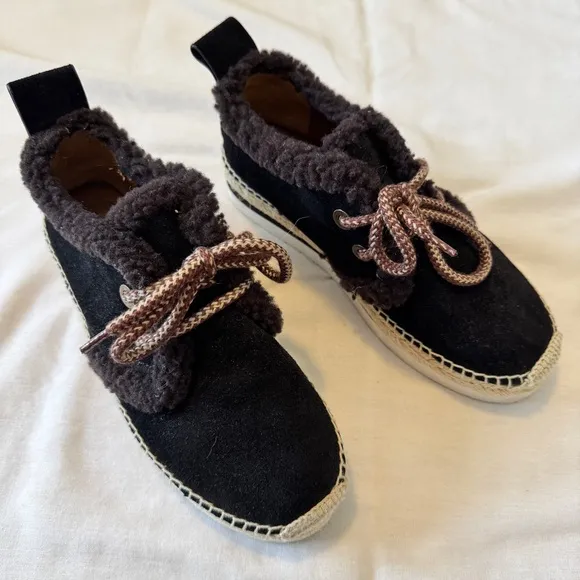 See by Chloe 37 Black Suede Shearling Espadrille Sneakers Shoes US 6.5