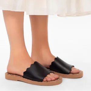 See By Chloe Essie Slip On Slide Logo Black Leather Wavy Scallop Sandal Size 39
