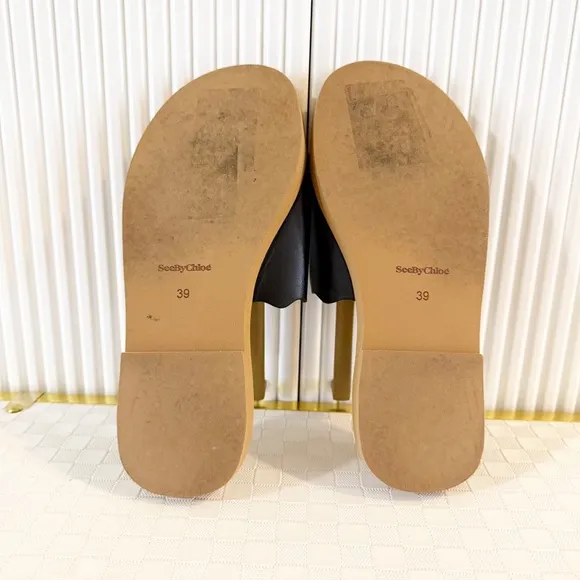 See By Chloe Essie Slip On Slide Logo Black Leather Wavy Scallop Sandal Size 39