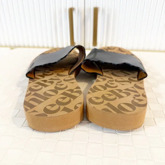 See By Chloe Essie Slip On Slide Logo Black Leather Wavy Scallop Sandal Size 39