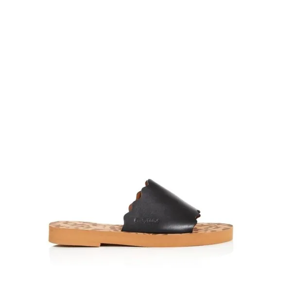 See By Chloe Essie Slip On Slide Logo Black Leather Wavy Scallop Sandal Size 39