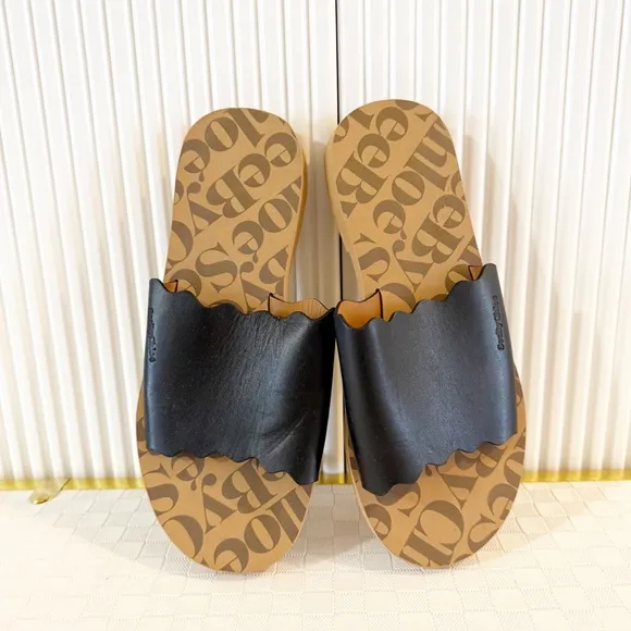 See By Chloe Essie Slip On Slide Logo Black Leather Wavy Scallop Sandal Size 39
