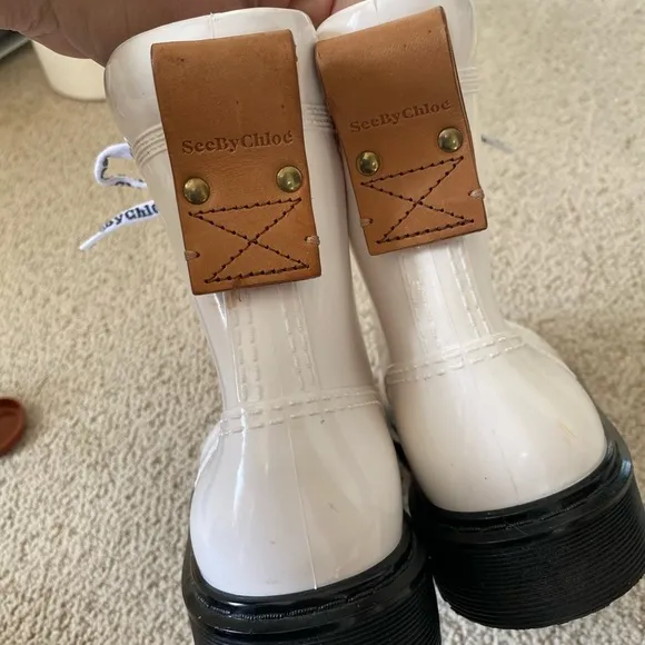 See by Chloe Florrie rain boots white black rubber leather lace up logo