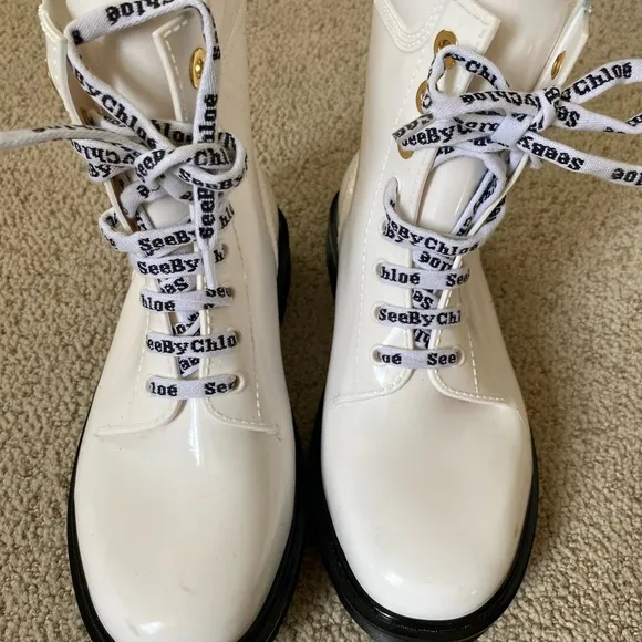 See by Chloe Florrie rain boots white black rubber leather lace up logo