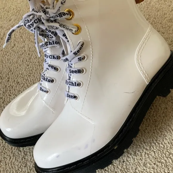 See by Chloe Florrie rain boots white black rubber leather lace up logo