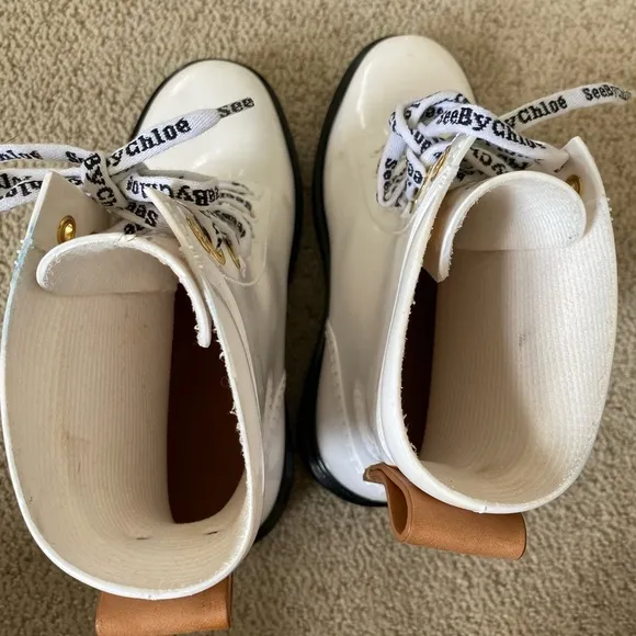 See by Chloe Florrie rain boots white black rubber leather lace up logo