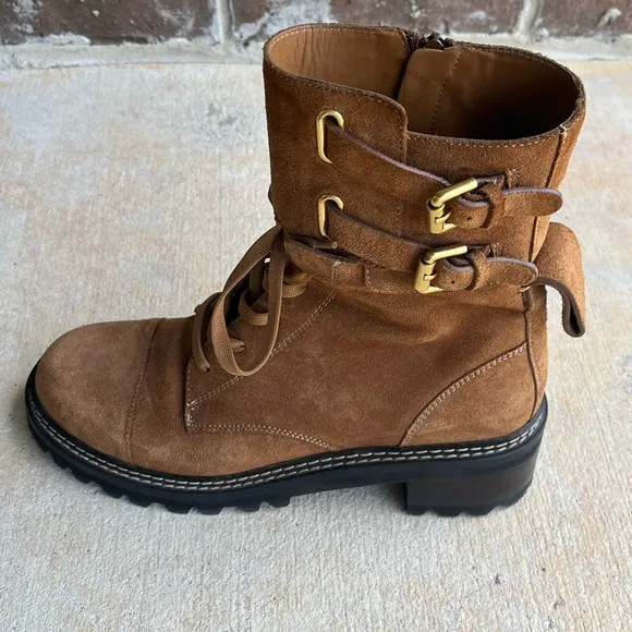 See by Chloe Mallory Leather Buckle Strap Ankle Combat Boots Sz 39/9 - Tan Brown