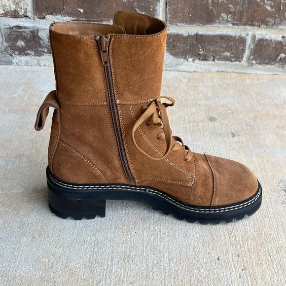 See by Chloe Mallory Leather Buckle Strap Ankle Combat Boots Sz 39/9 - Tan Brown