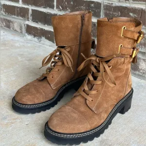 See by Chloe Mallory Leather Buckle Strap Ankle Combat Boots Sz 39/9 - Tan Brown