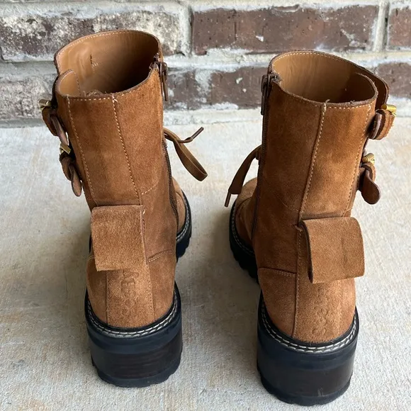 See by Chloe Mallory Leather Buckle Strap Ankle Combat Boots Sz 39/9 - Tan Brown