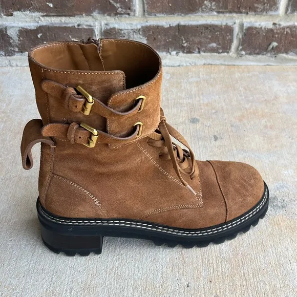 See by Chloe Mallory Leather Buckle Strap Ankle Combat Boots Sz 39/9 - Tan Brown
