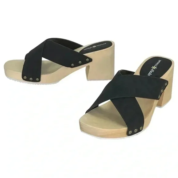 Seven Dials Malta Black Faux Leather Wooden Platform Womens Sandals Size 7.5M