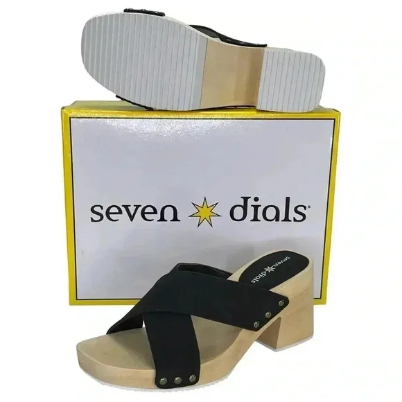 Seven Dials Malta Black Faux Leather Wooden Platform Womens Sandals Size 7.5M