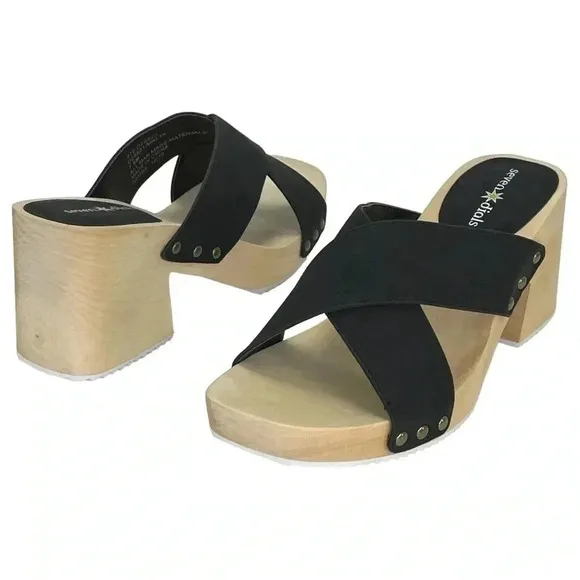 Seven Dials Malta Black Faux Leather Wooden Platform Womens Sandals Size 7.5M
