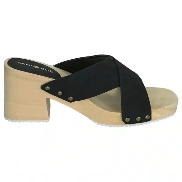 Seven Dials Malta Black Faux Leather Wooden Platform Womens Sandals Size 7.5M