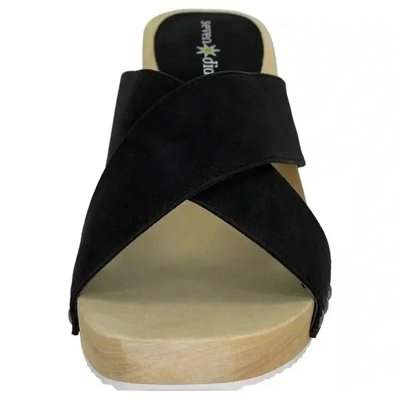 Seven Dials Malta Black Faux Leather Wooden Platform Womens Sandals Size 7.5M
