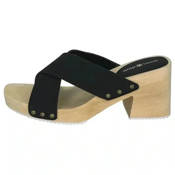 Seven Dials Malta Black Faux Leather Wooden Platform Womens Sandals Size 7.5M