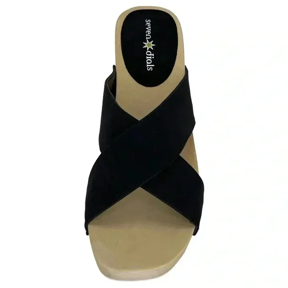 Seven Dials Malta Black Faux Leather Wooden Platform Womens Sandals Size 7.5M