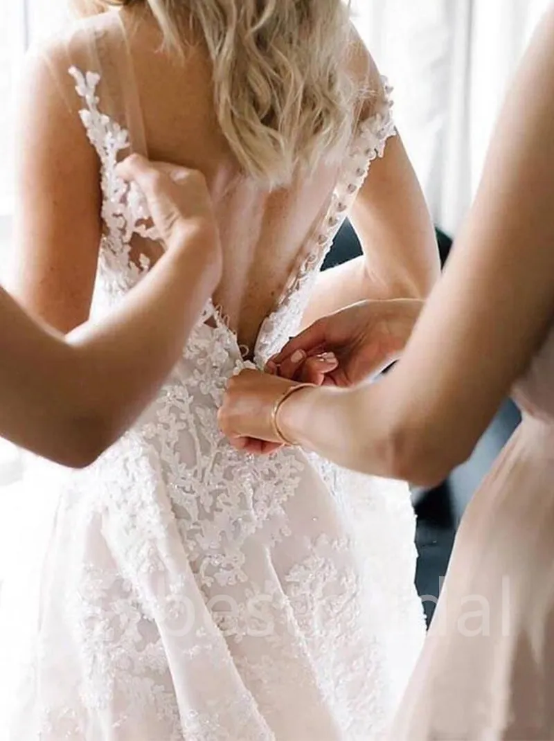 Sexy V-neck Spaghetti straps A-line Lace applique Wedding Dresses,WDY0312