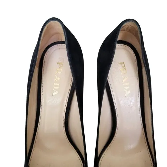 Size 38 Prada Black Suede Platform Peep Toe Pumps