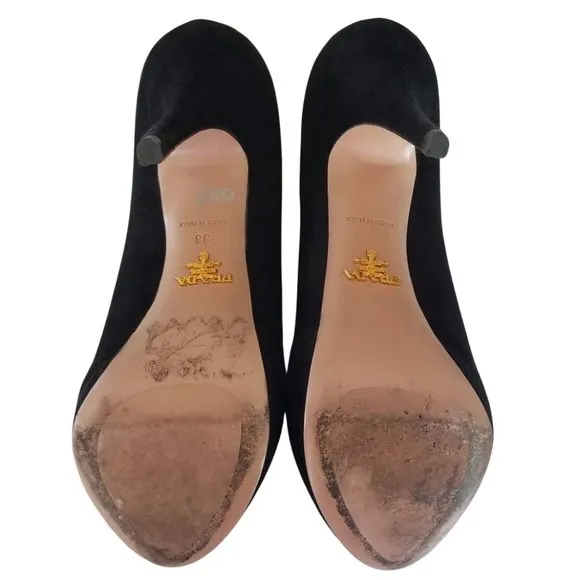 Size 38 Prada Black Suede Platform Peep Toe Pumps