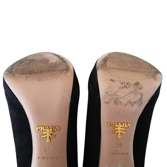 Size 38 Prada Black Suede Platform Peep Toe Pumps