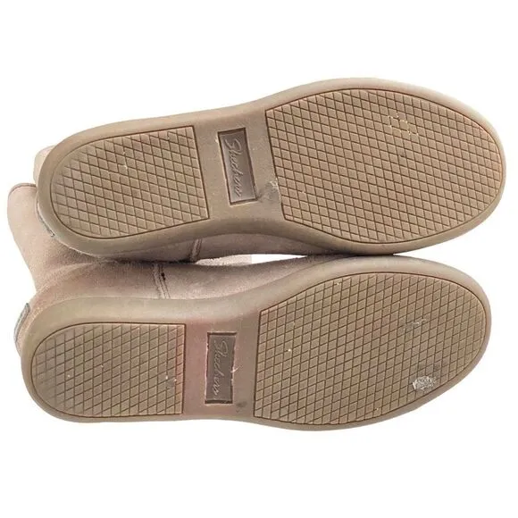 Sketchers Women 9.5 Pulley Boots Tan Suede Rubber Sole Faux Fur Hidden 3” Wedge